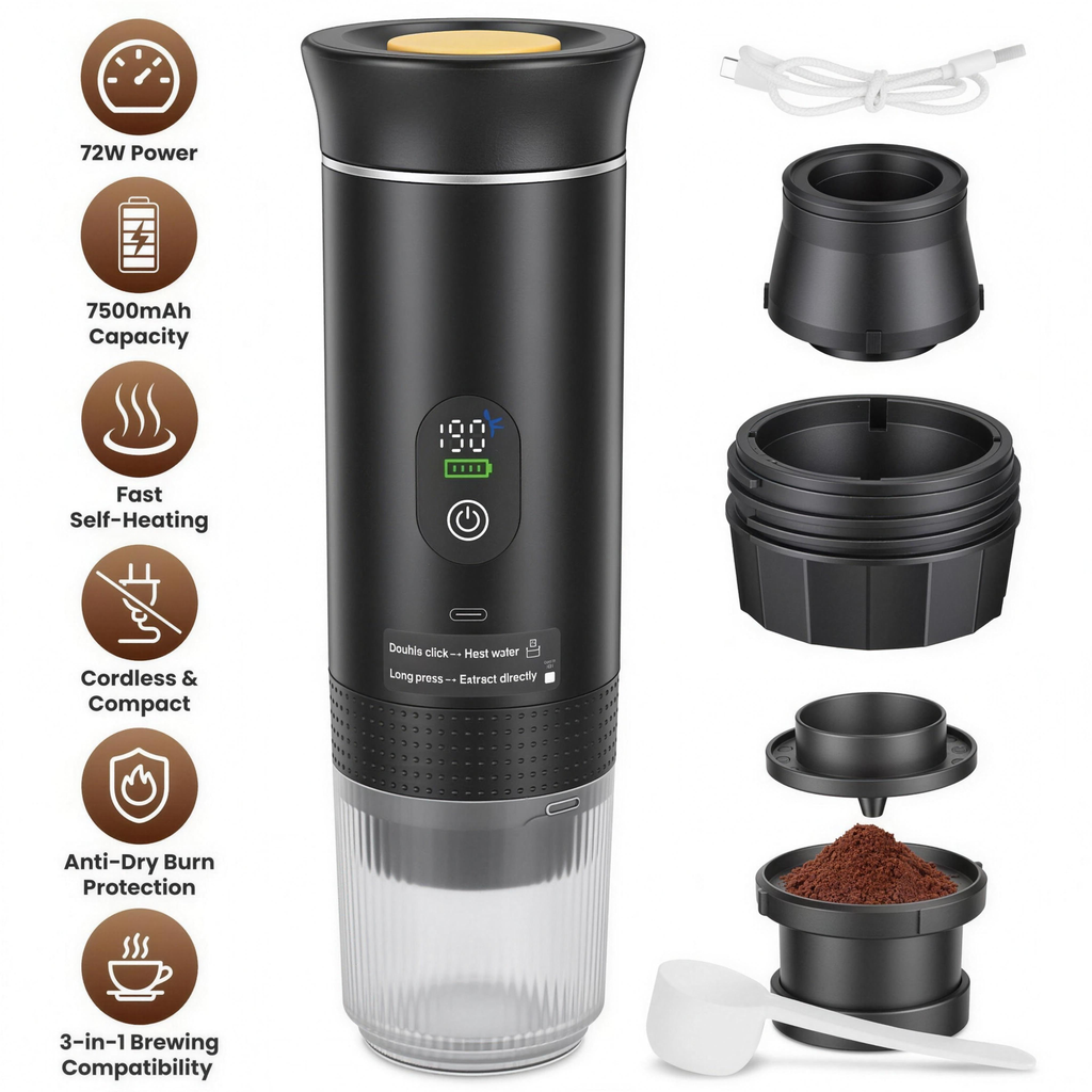 3-in-1 Portable Espresso Machine - clean studio photo (4K)