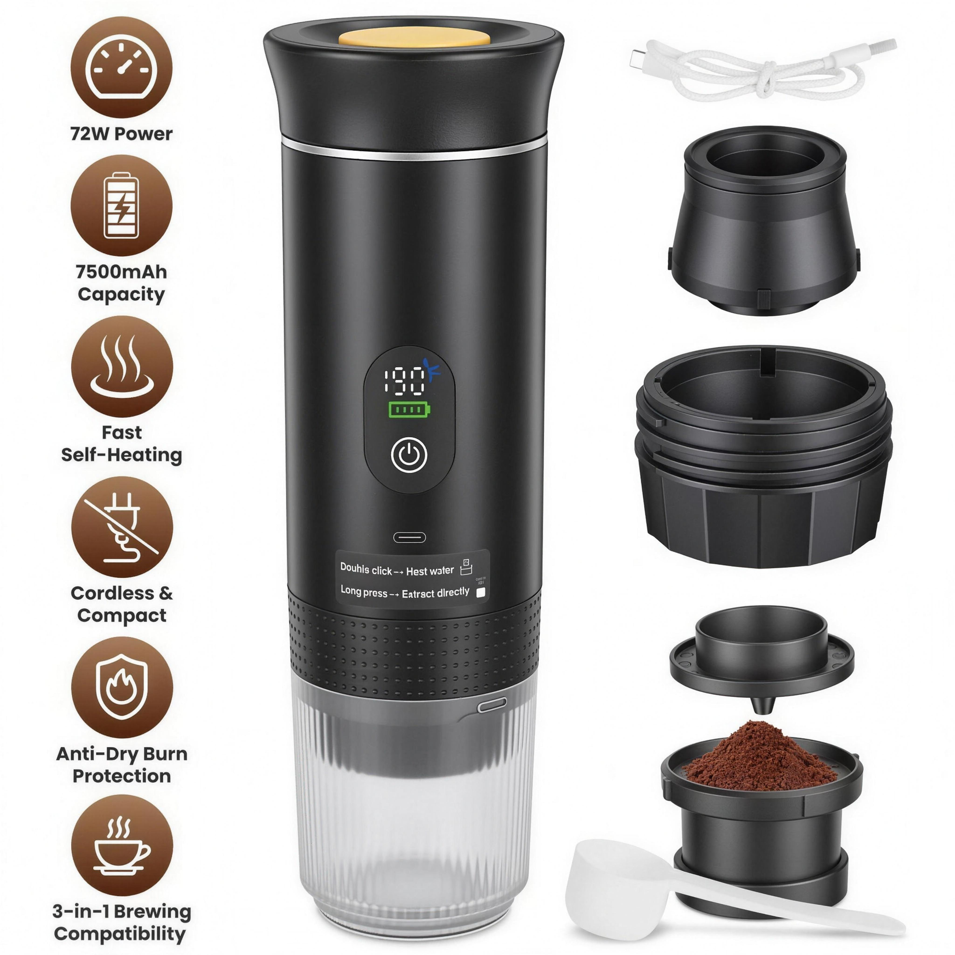 3-in-1 Portable Espresso Machine - clean studio photo (4K)